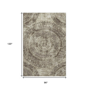 HomeRoots 8' X 10' Brown and Ivory Medallion Area Rug - Washable, Stain-Resistant, UV Protected Elegance 644896