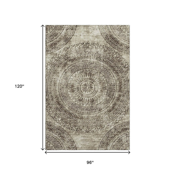 HomeRoots 8' X 10' Brown and Ivory Medallion Area Rug - Washable, Stain-Resistant, UV Protected Elegance 644896