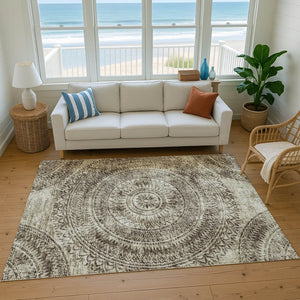 HomeRoots 8' X 10' Brown and Ivory Medallion Area Rug - Washable, Stain-Resistant, UV Protected Elegance 644896