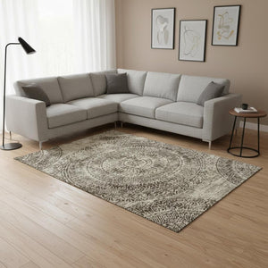HomeRoots 8' X 10' Brown and Ivory Medallion Area Rug - Washable, Stain-Resistant, UV Protected Elegance 644896