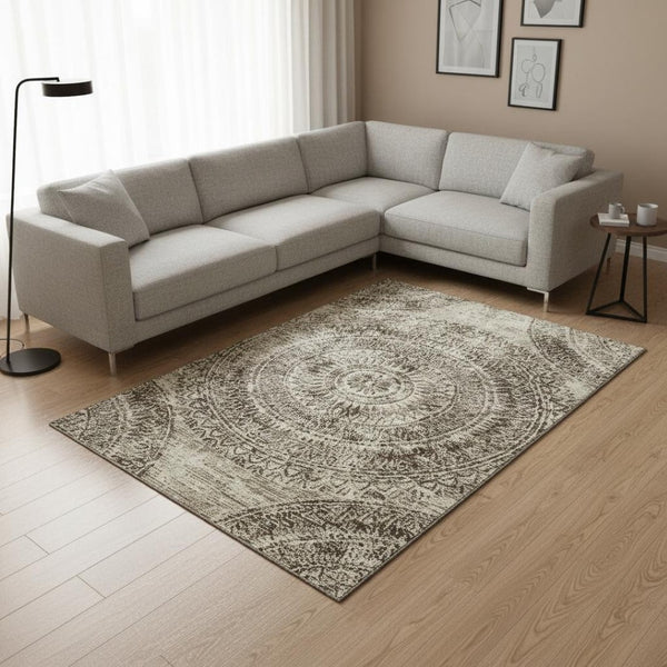 HomeRoots 9' X 12' Brown And Ivory Medallion Area Rug – Washable, Stain Resistant, UV Protected for Your Home 644897