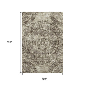 HomeRoots 10' Brown and Ivory Medallion Washable Area Rug with UV Protection – Durable, Stylish, Easy Care! 644898