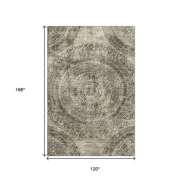HomeRoots 10' Brown and Ivory Medallion Washable Area Rug with UV Protection – Durable, Stylish, Easy Care! 644898