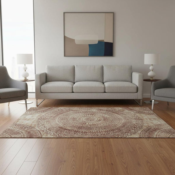 HomeRoots 5' X 8' Burnt Sienna Medallion Area Rug - Washable, UV-Protected, Durable Design for High Traffic Areas 644900