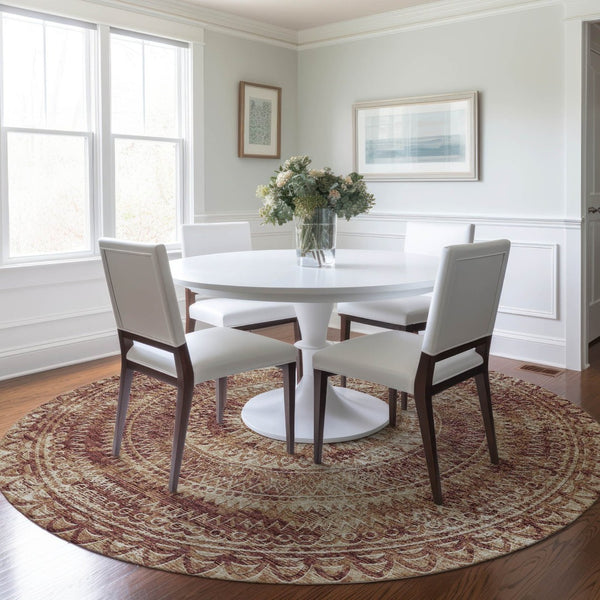 HomeRoots 8' Burnt Sienna Medallion Round Rug - Washable, UV Protected, Stylish & Stain Resistant for Homes 644901