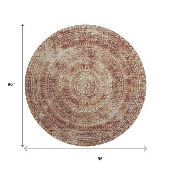 HomeRoots 8' Burnt Sienna Medallion Round Rug - Washable, UV Protected, Stylish & Stain Resistant for Homes 644901