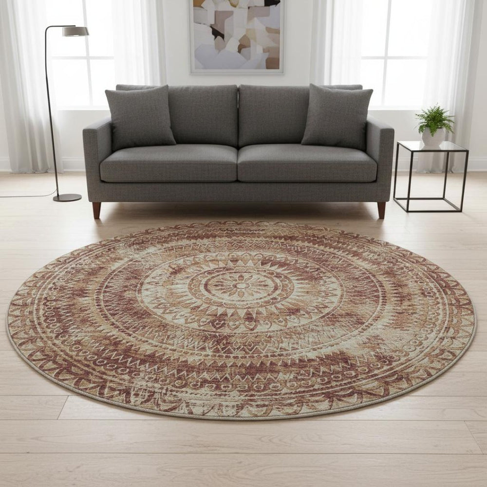 HomeRoots 8' Burnt Sienna Medallion Round Rug - Washable, UV Protected, Stylish & Stain Resistant for Homes 644901