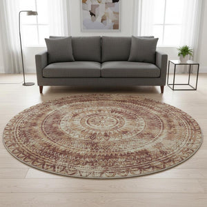 HomeRoots 8' Burnt Sienna Medallion Round Rug - Washable, UV Protected, Stylish & Stain Resistant for Homes 644901