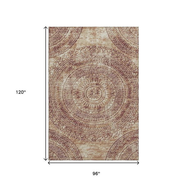 HomeRoots 8' X 10' Medallion Area Rug in Burnt Sienna & Ivory - Washable, UV-Protected, Durable Design for Home 644902