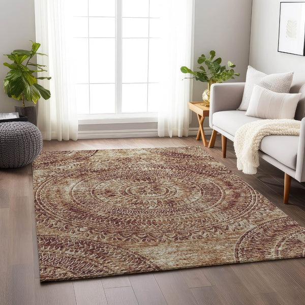 HomeRoots 8' X 10' Medallion Area Rug in Burnt Sienna & Ivory - Washable, UV-Protected, Durable Design for Home 644902