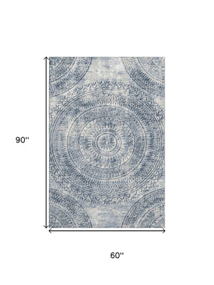 HomeRoots 5' X 8' Blue and Ivory Medallion Area Rug - Washable, UV Protected, Stylish & Durable for Any Room 644906