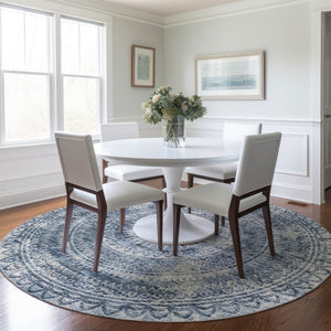 HomeRoots 8' Blue Medallion Round Rug - Washable, UV Protected, Stain-Resistant for Living Rooms & Patios 644907