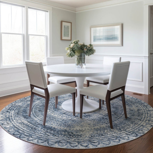 HomeRoots 8' Blue Medallion Round Rug - Washable, UV Protected, Stain-Resistant for Living Rooms & Patios 644907