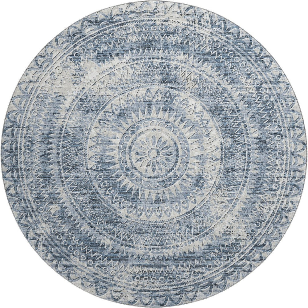 HomeRoots 8' Blue Medallion Round Rug - Washable, UV Protected, Stain-Resistant for Living Rooms & Patios 644907