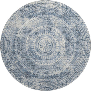 HomeRoots 8' Blue Medallion Round Rug - Washable, UV Protected, Stain-Resistant for Living Rooms & Patios 644907