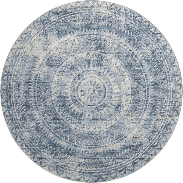 HomeRoots 8' Blue Medallion Round Rug - Washable, UV Protected, Stain-Resistant for Living Rooms & Patios 644907