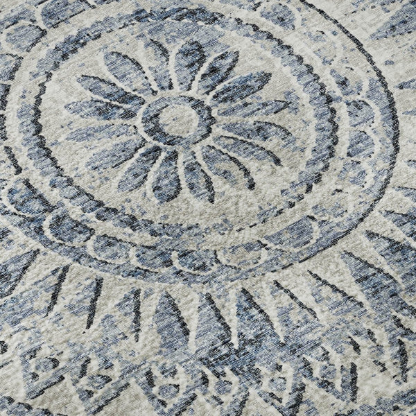 HomeRoots 8' Blue Medallion Round Rug - Washable, UV Protected, Stain-Resistant for Living Rooms & Patios 644907