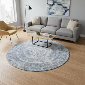 HomeRoots 8' Blue Medallion Round Rug - Washable, UV Protected, Stain-Resistant for Living Rooms & Patios 644907