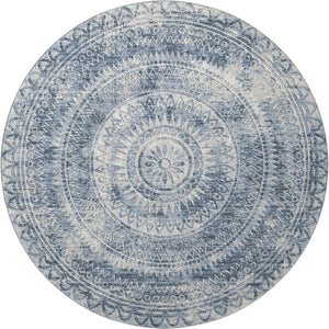 HomeRoots 8' Blue Medallion Round Rug - Washable, UV Protected, Stain-Resistant for Living Rooms & Patios 644907