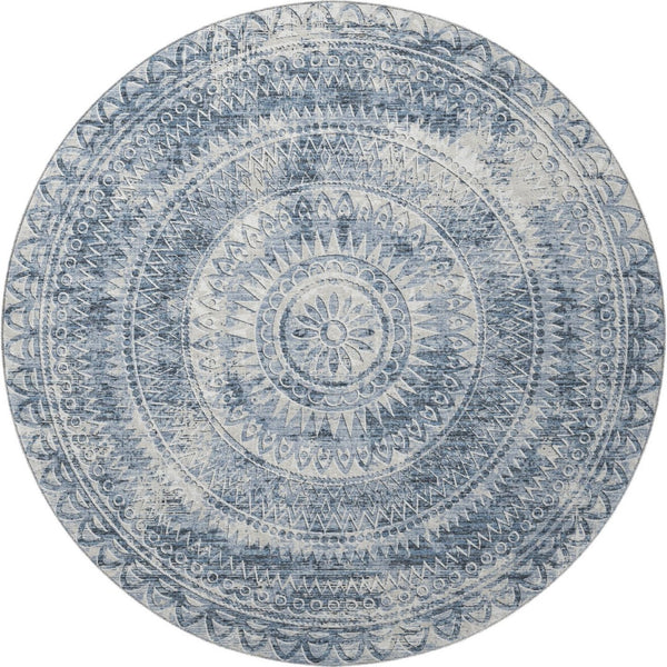 HomeRoots 8' Blue Medallion Round Rug - Washable, UV Protected, Stain-Resistant for Living Rooms & Patios 644907
