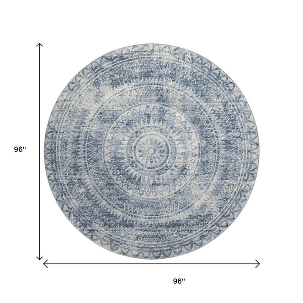 HomeRoots 8' Blue Medallion Round Rug - Washable, UV Protected, Stain-Resistant for Living Rooms & Patios 644907