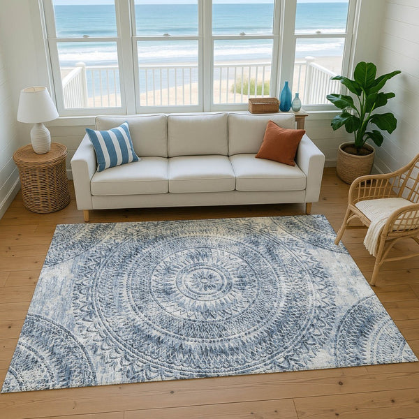 HomeRoots 8' X 10' Blue And Ivory Medallion Area Rug - Stylish, Machine Washable, UV Protected for Any Space 644908
