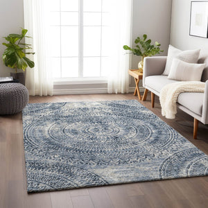 HomeRoots 8' X 10' Blue And Ivory Medallion Area Rug - Stylish, Machine Washable, UV Protected for Any Space 644908