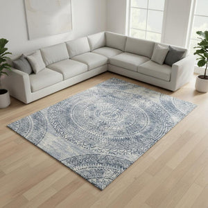 HomeRoots 8' X 10' Blue And Ivory Medallion Area Rug - Stylish, Machine Washable, UV Protected for Any Space 644908