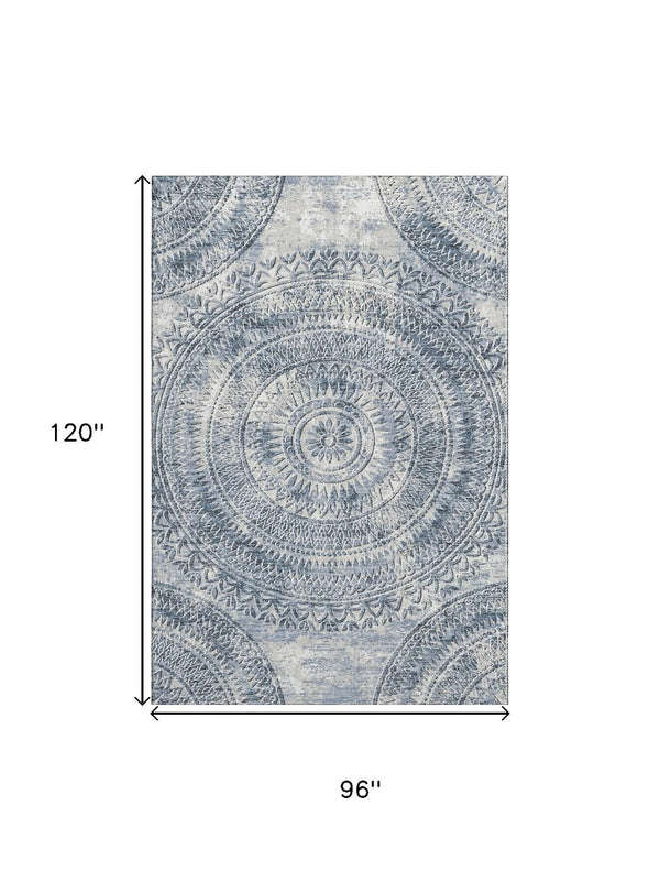 HomeRoots 8' X 10' Blue And Ivory Medallion Area Rug - Stylish, Machine Washable, UV Protected for Any Space 644908