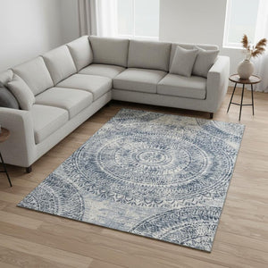 HomeRoots 9' X 12' Blue Medallion Area Rug - Washable, UV Resistant, Stain-Repellent for High-Traffic Rooms 644909