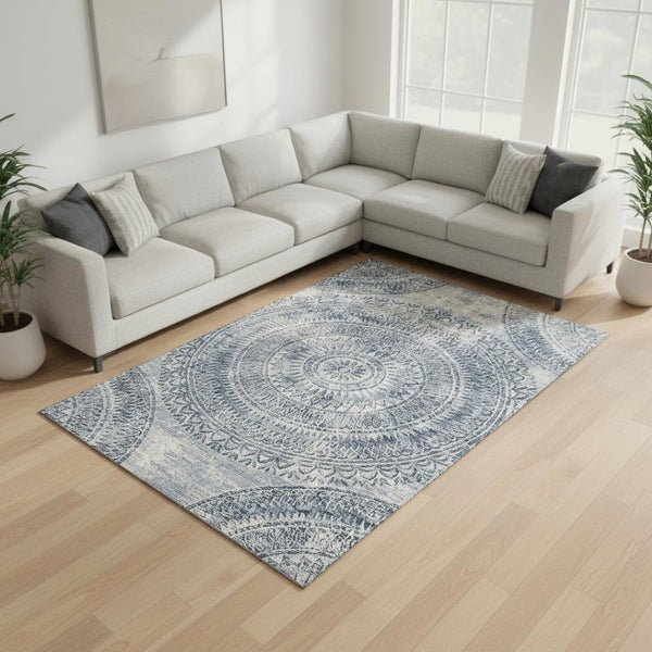 HomeRoots 10' Blue and Ivory Medallion Area Rug - Washable, UV Protected, Stain Resistant for Durable Elegance 644910