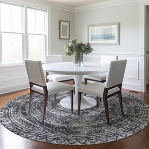 HomeRoots 8' Gray and Ivory Medallion Round Rug - Washable, UV Protected, Stain-Resistant for Busy Homes! 644913