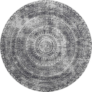 HomeRoots 8' Gray and Ivory Medallion Round Rug - Washable, UV Protected, Stain-Resistant for Busy Homes! 644913