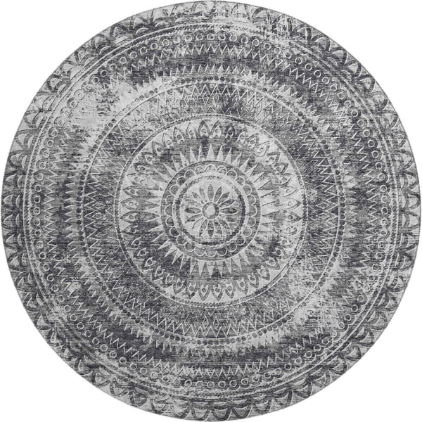 HomeRoots 8' Gray and Ivory Medallion Round Rug - Washable, UV Protected, Stain-Resistant for Busy Homes! 644913