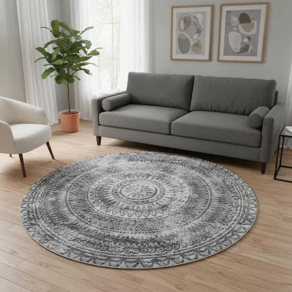 HomeRoots 8' Gray and Ivory Medallion Round Rug - Washable, UV Protected, Stain-Resistant for Busy Homes! 644913