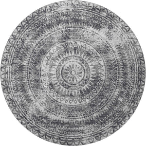 HomeRoots 8' Gray and Ivory Medallion Round Rug - Washable, UV Protected, Stain-Resistant for Busy Homes! 644913
