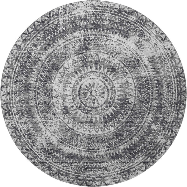 HomeRoots 8' Gray and Ivory Medallion Round Rug - Washable, UV Protected, Stain-Resistant for Busy Homes! 644913