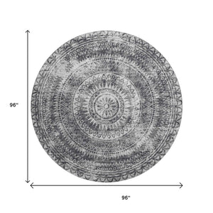 HomeRoots 8' Gray and Ivory Medallion Round Rug - Washable, UV Protected, Stain-Resistant for Busy Homes! 644913