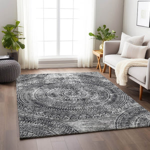 HomeRoots 9' X 12' Gray and Ivory Medallion Area Rug - Washable, Stain-Resistant, UV Protected for Families 644915