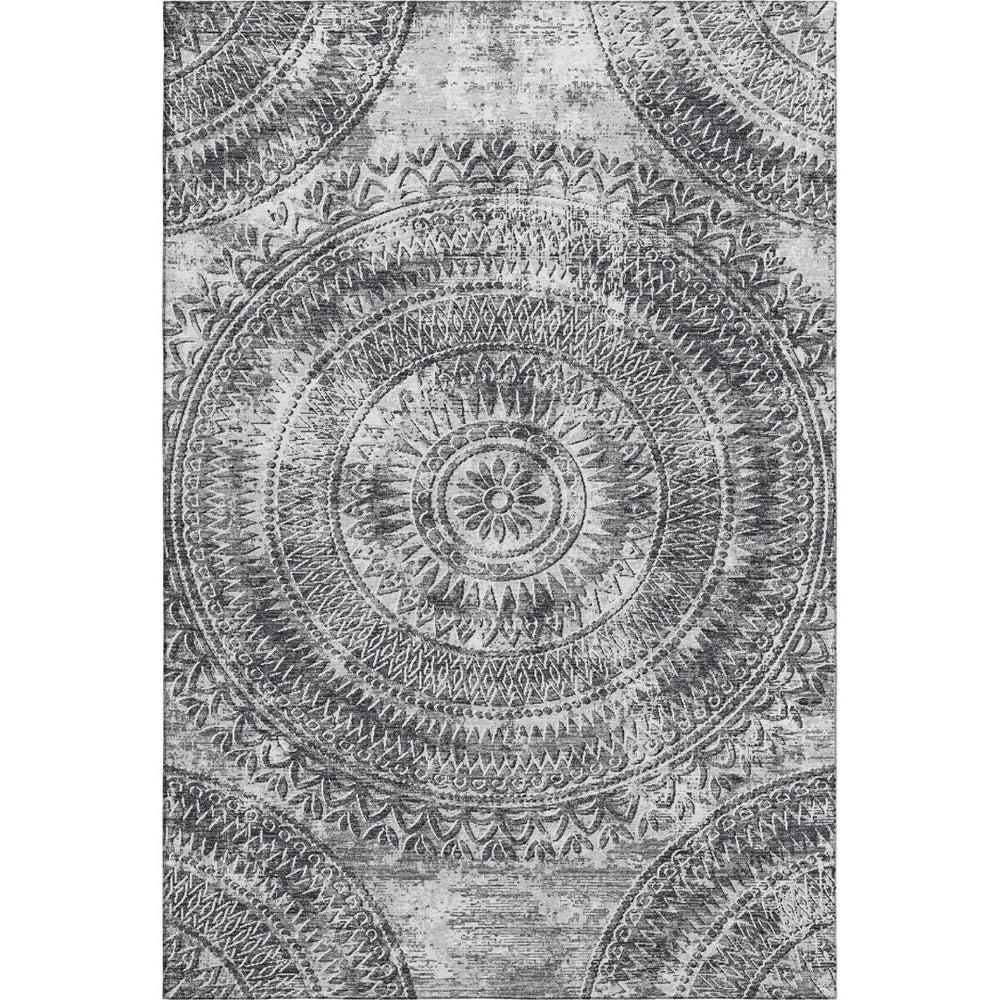 HomeRoots 9' X 12' Gray and Ivory Medallion Area Rug - Washable, Stain-Resistant, UV Protected for Families 644915