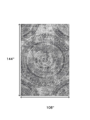 HomeRoots 9' X 12' Gray and Ivory Medallion Area Rug - Washable, Stain-Resistant, UV Protected for Families 644915