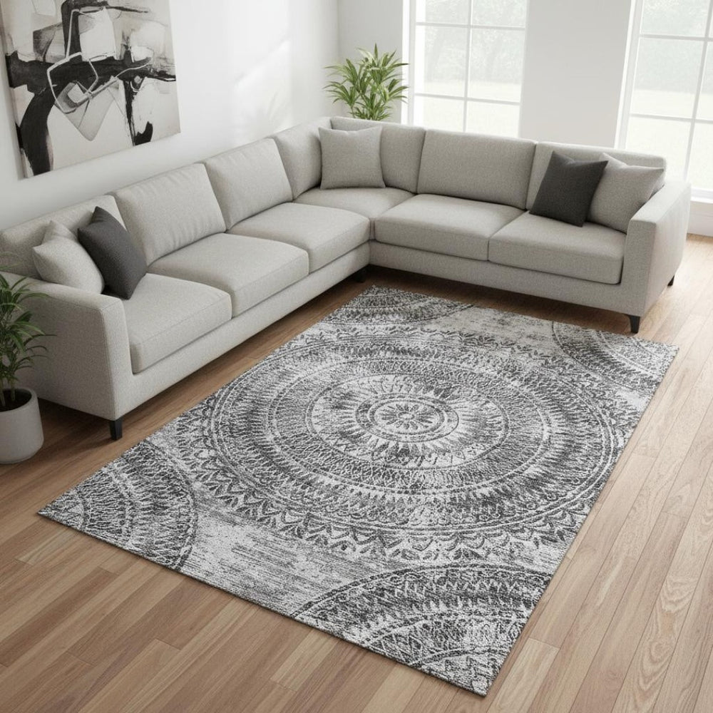 HomeRoots 9' X 12' Gray and Ivory Medallion Area Rug - Washable, Stain-Resistant, UV Protected for Families 644915