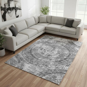 HomeRoots 9' X 12' Gray and Ivory Medallion Area Rug - Washable, Stain-Resistant, UV Protected for Families 644915
