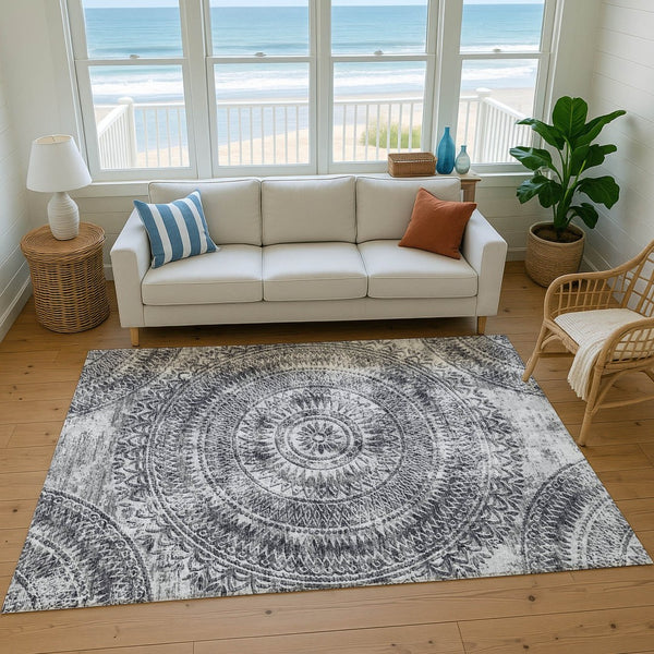 HomeRoots 10' X 14' Gray Medallion Area Rug with UV Protection - Washable, Stain-Resistant, Easy Care for Homes 644916