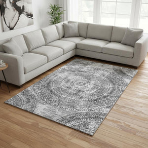 HomeRoots 10' X 14' Gray Medallion Area Rug with UV Protection - Washable, Stain-Resistant, Easy Care for Homes 644916
