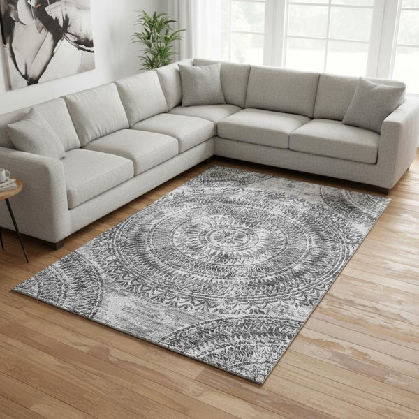 HomeRoots 10' X 14' Gray Medallion Area Rug with UV Protection - Washable, Stain-Resistant, Easy Care for Homes 644916