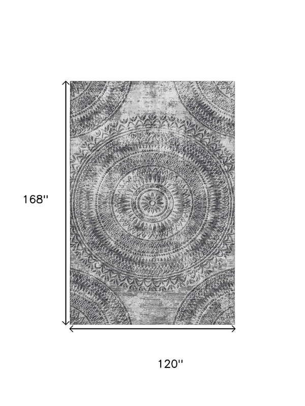 HomeRoots 10' X 14' Gray Medallion Area Rug with UV Protection - Washable, Stain-Resistant, Easy Care for Homes 644916