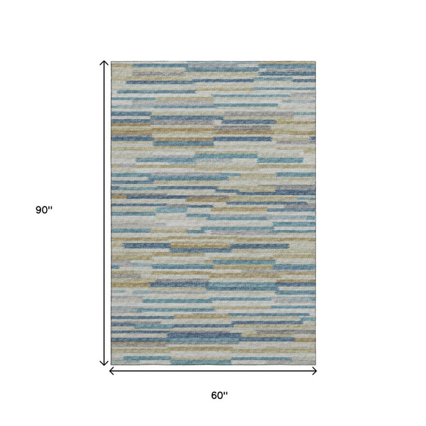 HomeRoots 5' Modern Blue Ivory Gold Abstract Area Rug - Washable, UV Protected & Stain Resistant for Durability 644918