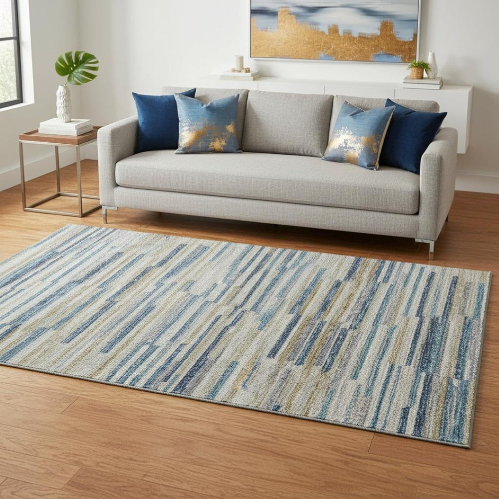 HomeRoots 5' Modern Blue Ivory Gold Abstract Area Rug - Washable, UV Protected & Stain Resistant for Durability 644918