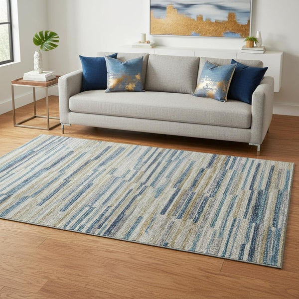 HomeRoots 5' Modern Blue Ivory Gold Abstract Area Rug - Washable, UV Protected & Stain Resistant for Durability 644918